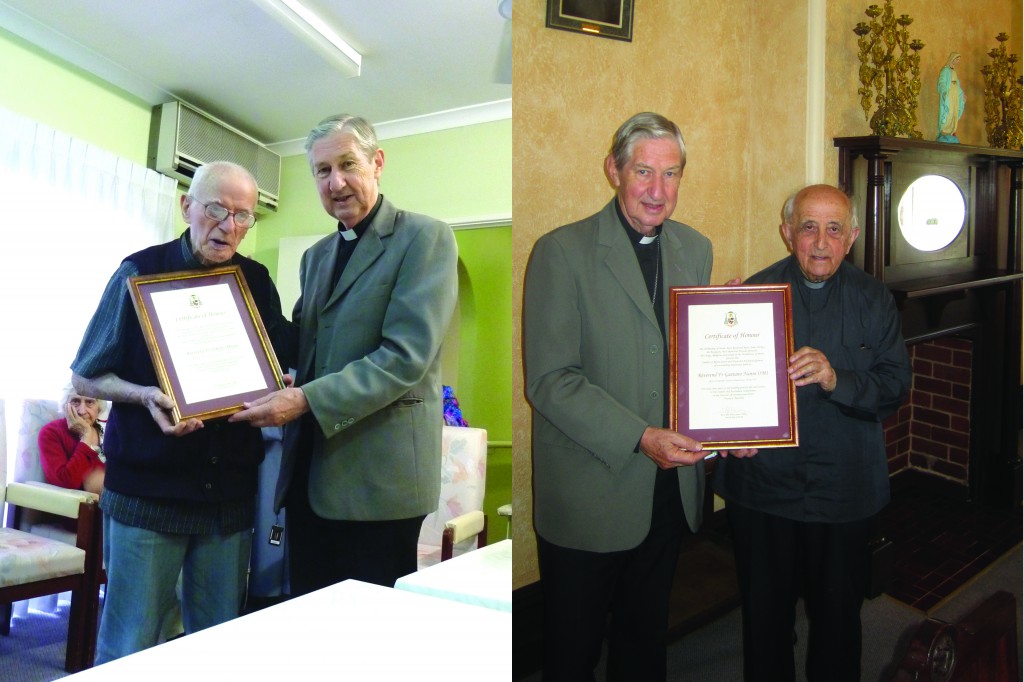 Father Magni and Father Nanni being presented with a special certificate of honour for 70 years in the priesthood.