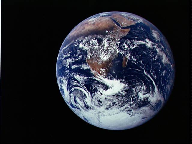 View of the Earth as seen by the Apollo 17 crew travelling toward the moon. This translunar coast photograph extends from the Meditierranean Sea area to the Antarctica south polar ice cap.