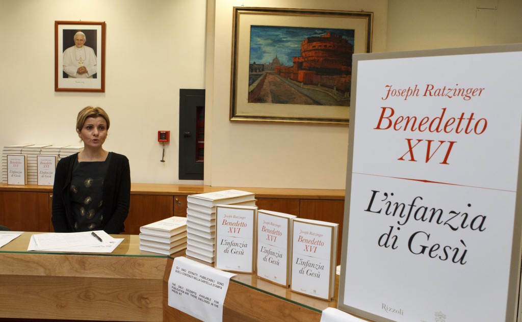 Copies of the Italian version of Pope Benedict XVI's new book, "The Infancy of Jesus," are seen during their release to journalists on November 20 at the Vatican press office.