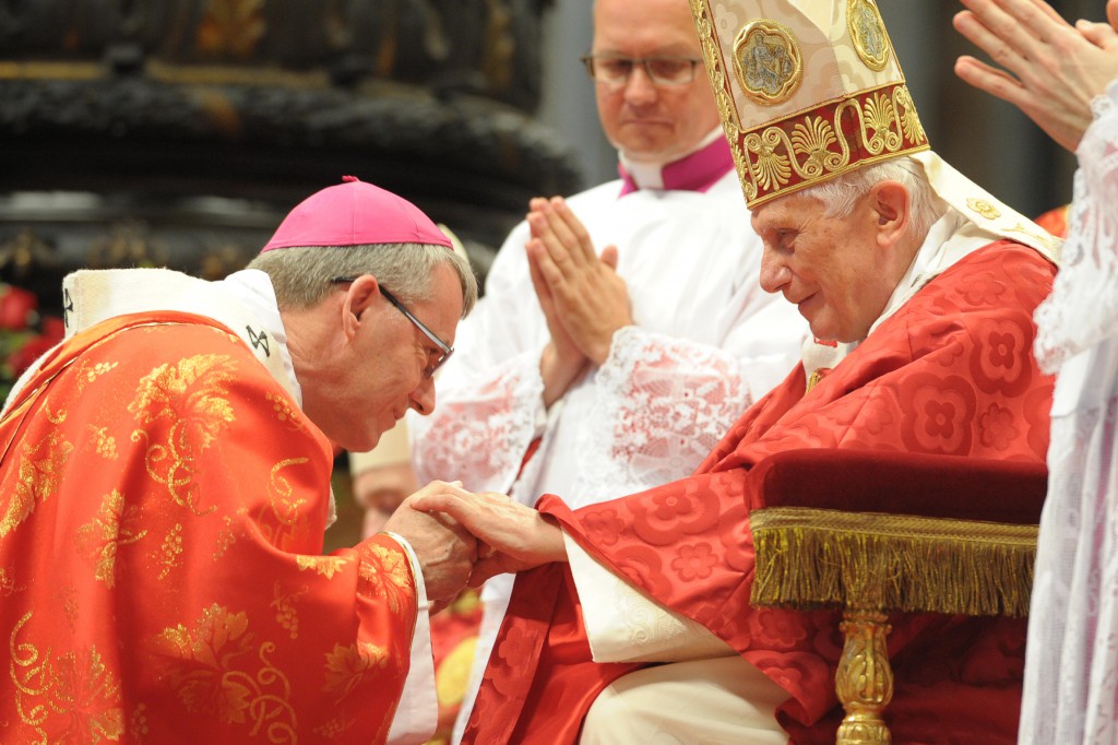 Pope Benedict XVI presents a pallium to Archbishop Timothy Costelloe, during a Mass on June 29 in St. Peter's Basilica at the Vatican. PHOTO: CNS/L'Osservatore Romano