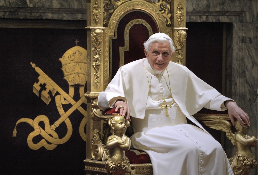 Pope Benedict XVI attends a celebration for his 85th birthday in the Clementine Hall on April 16, 2012 at the Vatican. PHOTO: CNS/Stefano Spaziani, pool