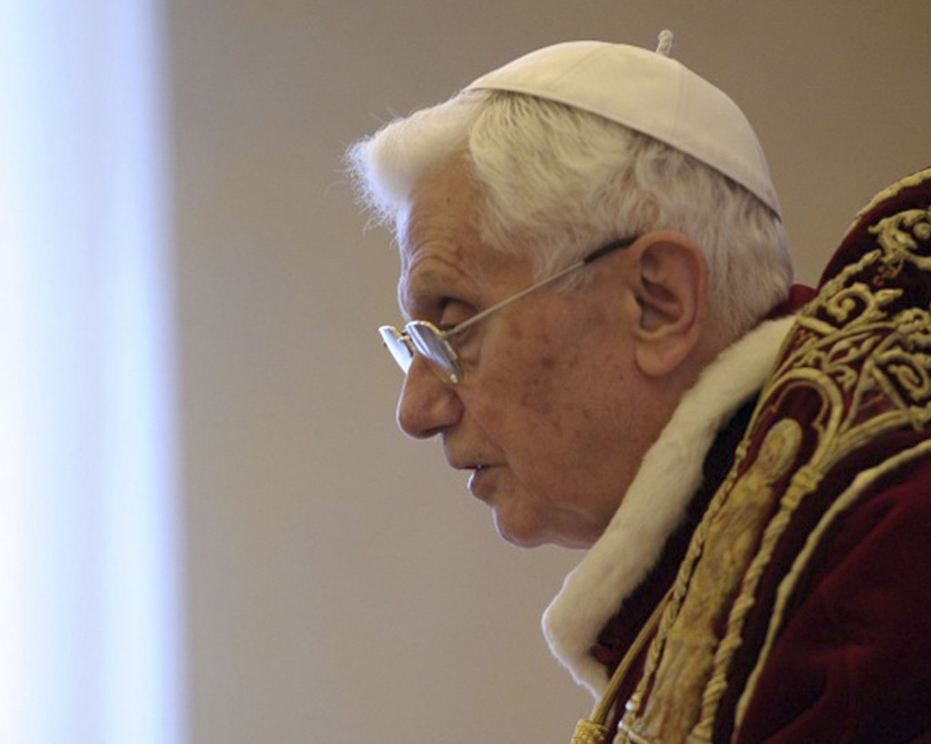 Pope Benedict XVI attends a Feb. 11 meeting with cardinals at the Vatican announcing he will resign at the end of the month. PHORO: CNS/L'Osservatore Romano via Reuters