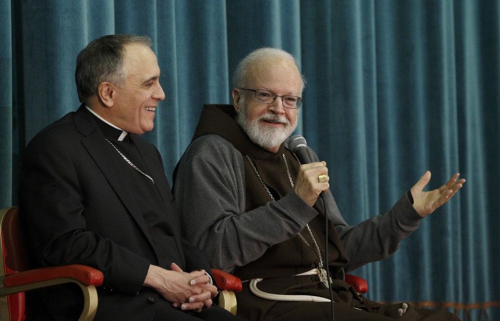 Cardinal Daniel N. DiNardo of Galveston-Houston and Cardinal Sean P. O'Malley of Boston lead a news conference on March 5 at the Pontifical North American College in Rome. PHOTO: CNS/Paul Haring