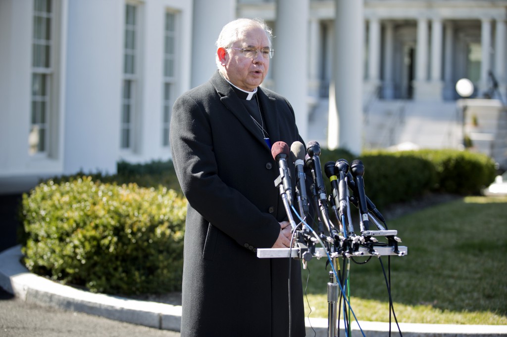 Archbishop Jose H. Gomez of Los Angeles speaks to the media after a March 8 meeting at the White House with President Barack Obama and other faith leaders to discuss the need for immigration reform. PHOTO: CNS/Joshua Roberts