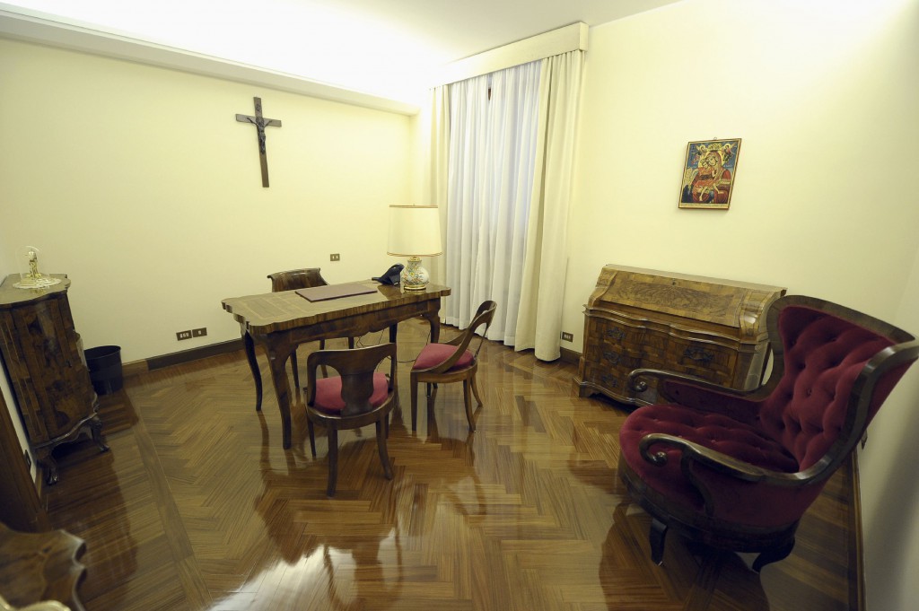 This photograph, taken March 9, shows the study in the residence where Pope Francis has stayed since his election at the Vatican. The pope has decided not to move into the papal apartments in the Apostolic Palace, but to live in a suite in the Domus Sanctae Marthae, the guesthouse built in 1996 to house cardinals during a conclave. PHOTO: CNS/L'Osservatore Romano via Reuters