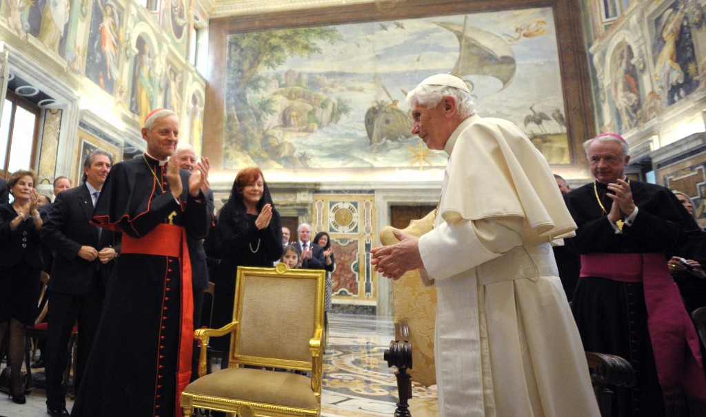 Pope Benedict XVI meets with donors of the Papal Foundation on April 21, 2012 at the Vatican. The U.S. donors presented an $8.5 million donation that will be used to fund scholarships and 105 Catholic projects in nearly 50 countries. PHOTO: CNS/L'Osservatore Romano