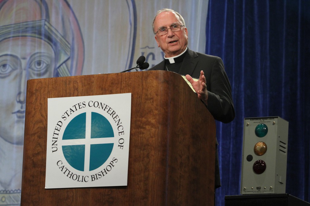 Bishop Stephen E. Blaire of Stockton, Calif., chairman of the U.S. bishops' Committee on Domestic Justice and Human Development, addresses the bishops at their annual mid-year meeting June 13 in Atlanta. PHOTO: CNS/Michael Alexander, Georgia Bulletin