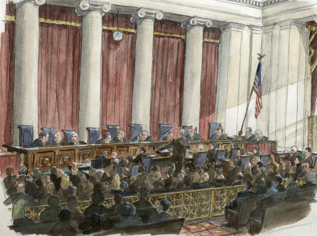 An artist's rendering shows the U.S. Supreme Court on March 26 in session for oral arguments in a case challenging California's Proposition 8 in Washington. PHOTO: CNS/Art Lien, Reuters