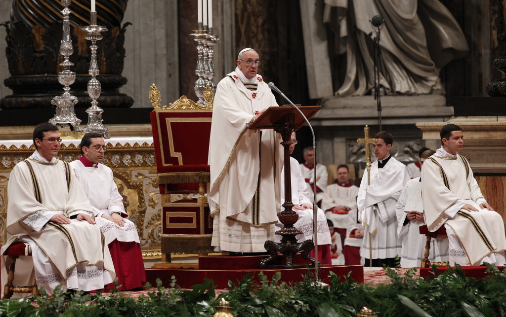 Pope Francis gives the homily during the Holy Thursday chrism Mass on March 28 in St. Peter's Basilica at the Vatican. PHOTO: CNS/Paul Haring