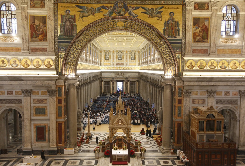 The Basilica of St. Paul Outside the Walls in Rome is seen in this Dec. 24, 2010, file photo.  The basilica, where Pope Francis was scheduled to celebrate Mass April 14, holds special significance for his pontificate. PHOTO: CNS/Paul Haring