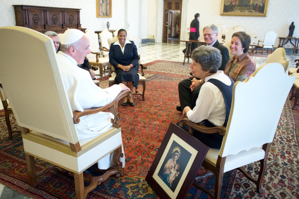 Pope Francis meets with leaders of the Latin American and Caribbean Confederation of Religious during a private audience at the Vatican June 6. Although news stories focused on leaked remarks in which the pope appeared to acknowledge the existence of a "gay lobby" at the Vatican, most of his remarks addressed concerns on church unity. PHOTO: CNS/L'Osservatore Romano