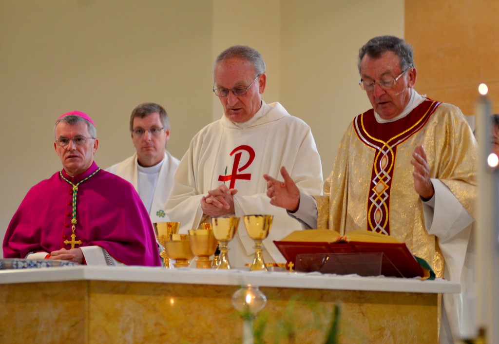 Fr Jim Corcoran celebrates his 50th anniversary of priesthood with Archbishop Timothy Costelloe SDB and his brother, Mgr Tim Corcoran (centre).