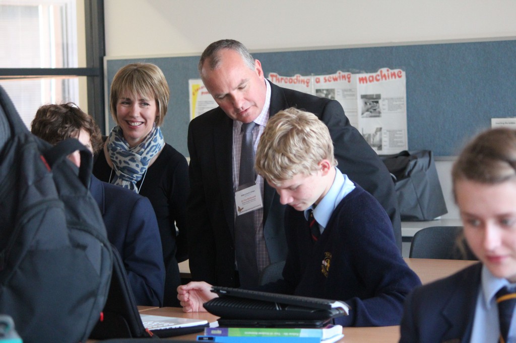 Catholic Education Office of WA Director Tim McDonald chats with Kolbe students in class during the College’s open day on June 28. Photo: leanne joyce