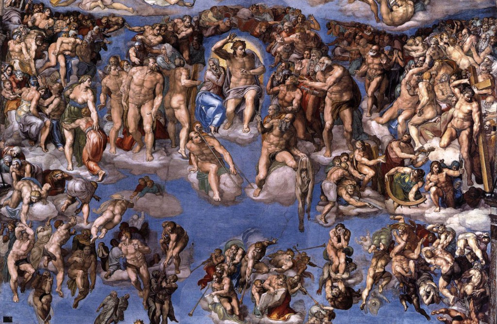 A part of The Last Judgment, a fresco by the Italian Renaissance master Michelangelo executed on the altar wall of the Sistine Chapel in Vatican City. 