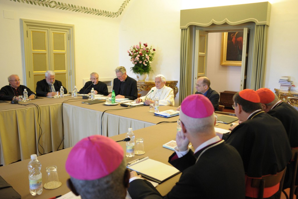 Pope Benedict XVI meets with his former doctoral students in , Sept. 2012 during a session of the annual "Ratzinger Schulerkreis" (Ratzinger Student Circle) in Castel Gandolfo, Italy. PHOTO: CNS/L'Osservatore Romano