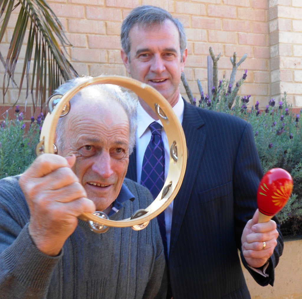 Donovan House resident Angelo Gava, left, with minister for seniors Anthony Simpson MLA.PHOTO: Southern Cross Care