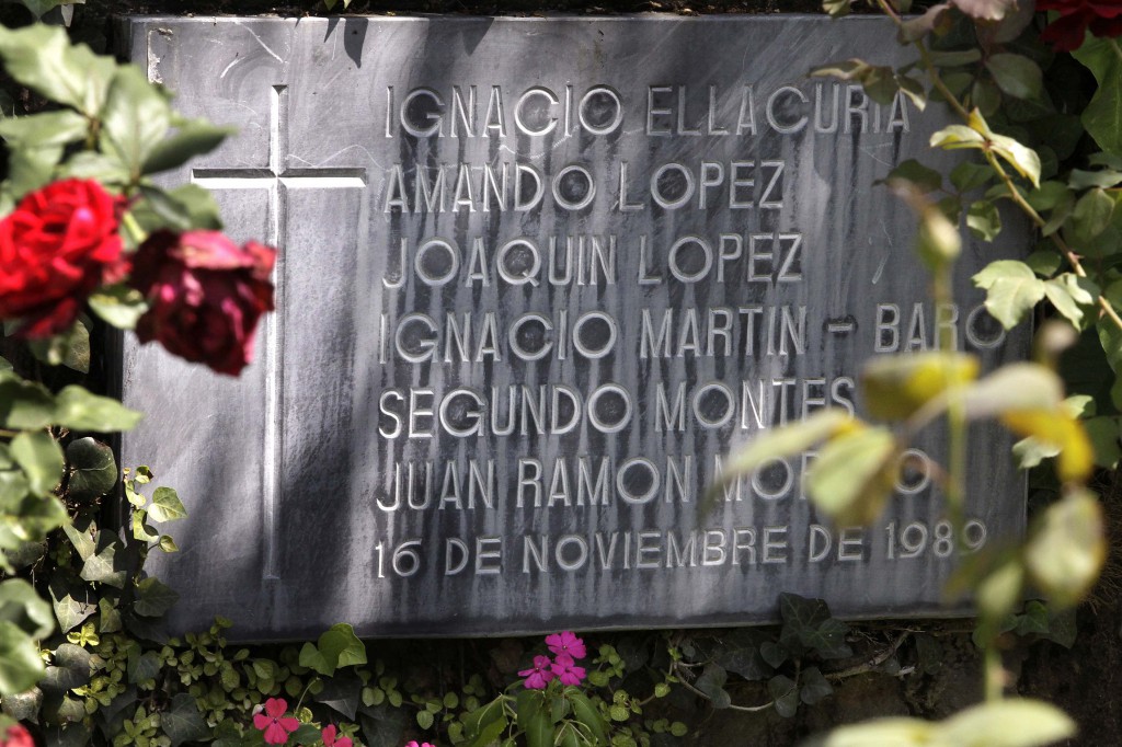 A stone bearing the names of six Jesuits massacred in 1989 is seen at Central American University in San Salvador, El Salvador, Nov. 16, the 20th anniversary of their deaths. The priests, their housekeeper and her daughter were killed at the university by members of an army unit during a military offensive. PHOTO: CNS/Luis Galdamez, Reuters