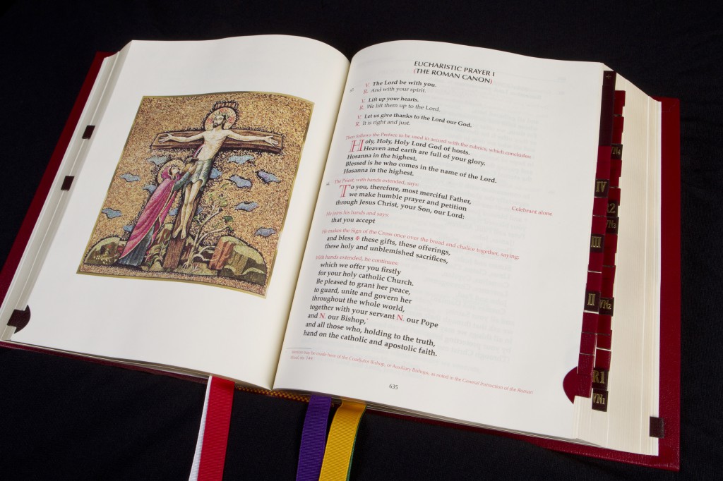 The first eucharistic prayer is seen on a page from a copy of the new Roman Missal in English published by the U.S. Conference of Catholic Bishops. PHOTO: CNS/Nancy Phelan Wiechec