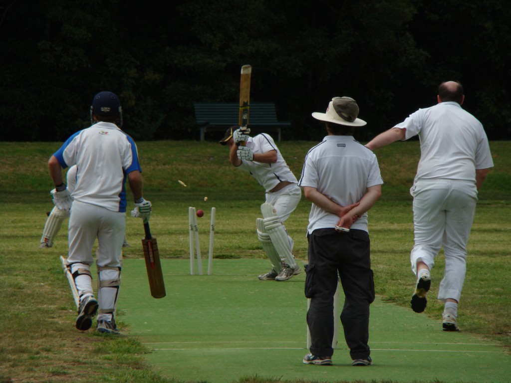 Fr James McCarthy in action, playing for the Papal Bulls cricket club in Sydney. PHOTO: PETER STEVENS