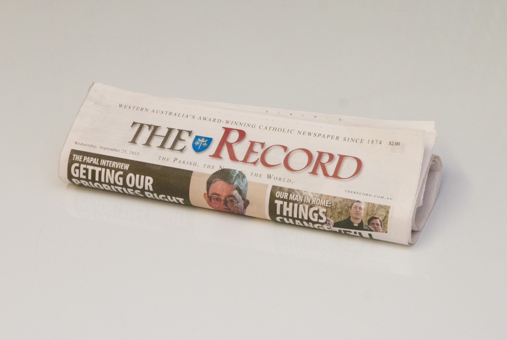 A photo of a Sepetember edition of The Record Catholic Newspaper. The Record is Australia’s oldest weekly newspaper, having being established in 1874. The Record provides a wide range of content - local, national and international news, film, video and book reviews and opinion columns from a Catholic viewpoint. PHOTO: Peter Rosengren