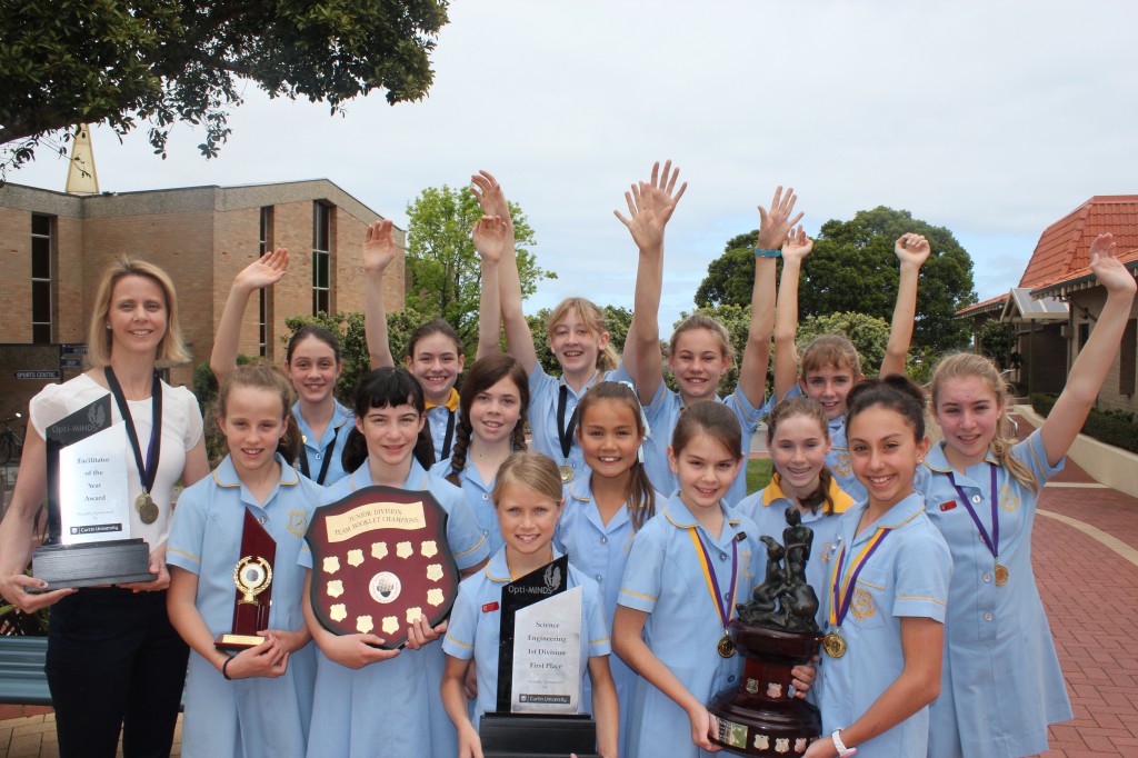 The Iona Future Problem Solving and Opti-MINDS teams with team facilitator Rebecca Neesham after their competition victories.