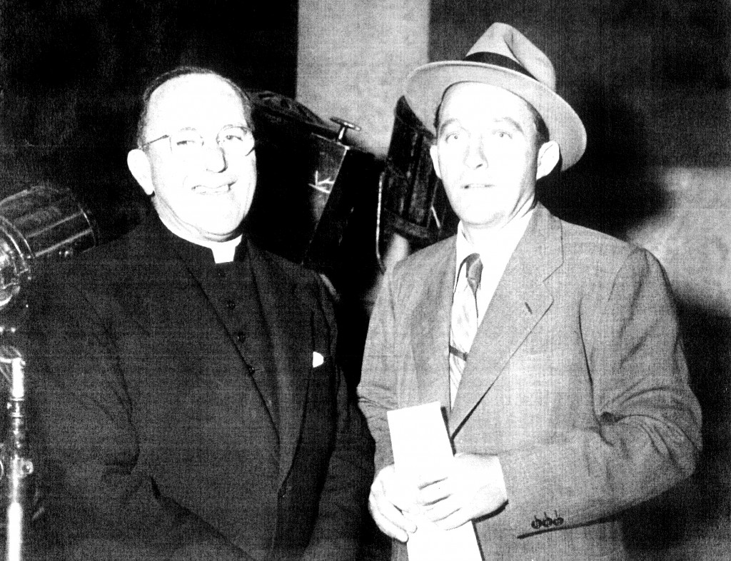 St Columba’s third parish priest, Rev Dr John McMahon, who, during a visit to California, was impressed by a Spanish Mission-style church, the inspiration for St Columba’s, pictured with Bing Crosby.