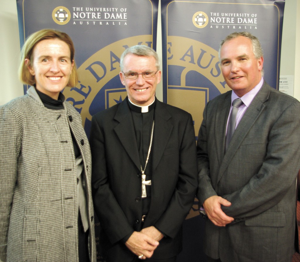 Vice Chancellor of Notre Dame, Celia Hammond, with Archbishop of Perth, Timothy Costelloe SDB and WA Director of Catholic Education, Tim McDonald.