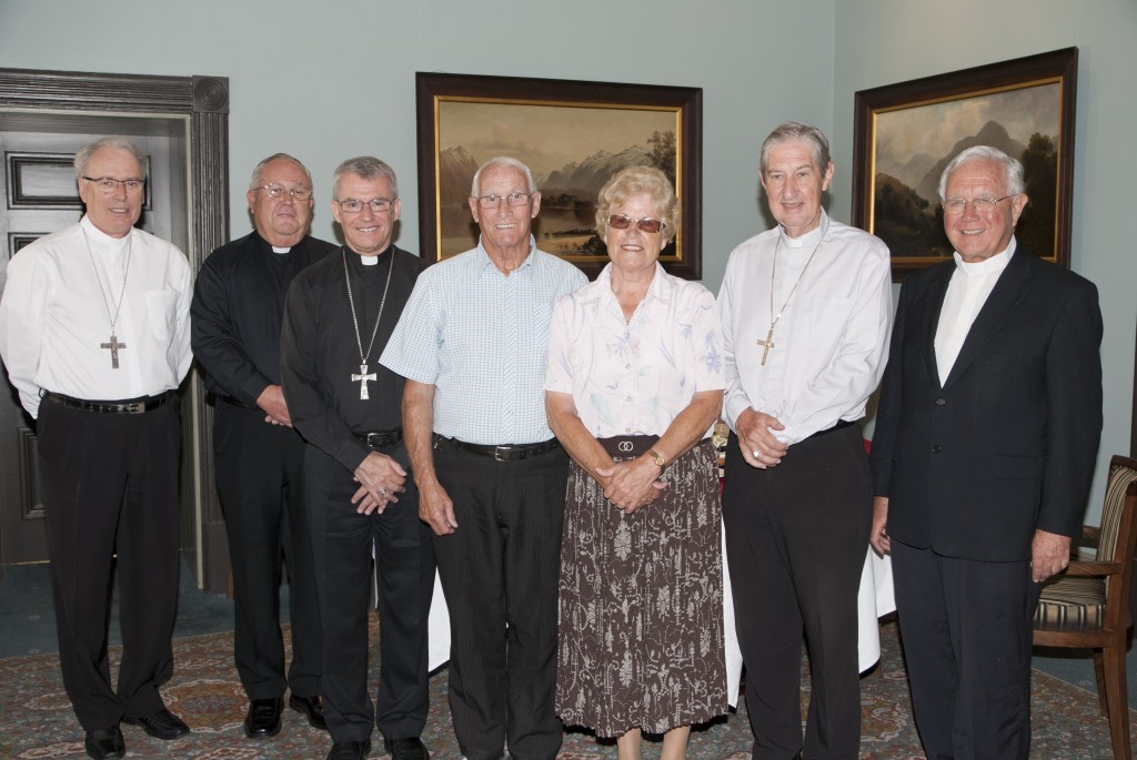 Bishop Don Sproxton, Mgr Thomas McDonald, Archbishop Timothy Costelloe SDB, Archbishop Emeritus Barry Hickey and Mgr Michael Keating with Tom and Angela Mahady. PHOTO: MATTHEW BIDDLE