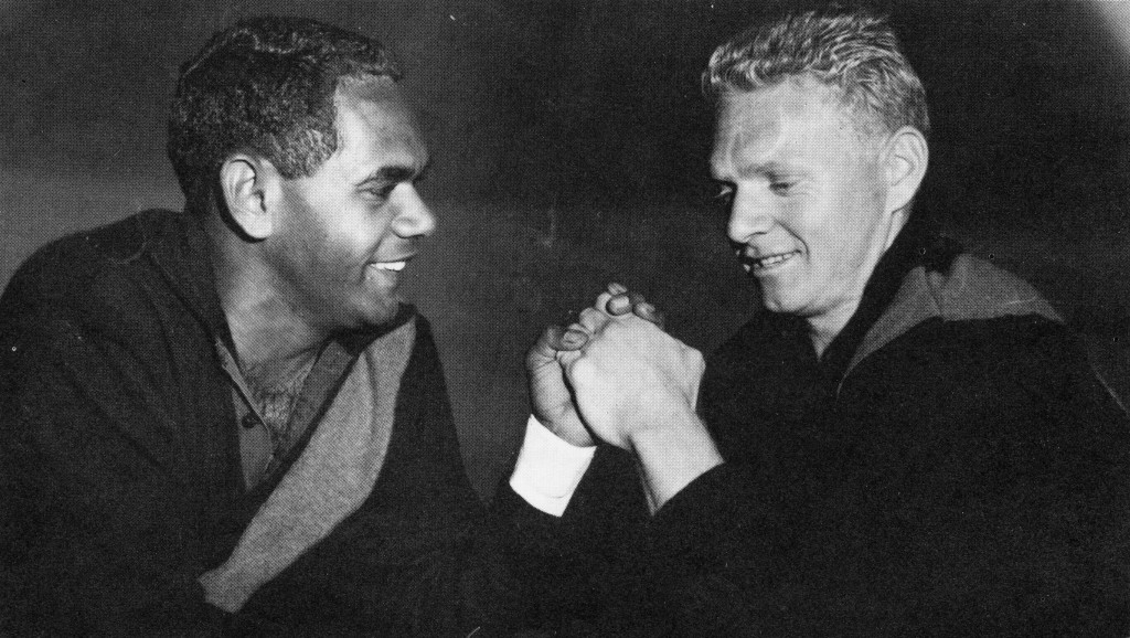 Harold Little, the first student to enter the Pallottine's Rossmoyne Training Centre and benefit from Fr Luemmen's mentoring, became a well known footballer, pictured left, with Barry Cable.