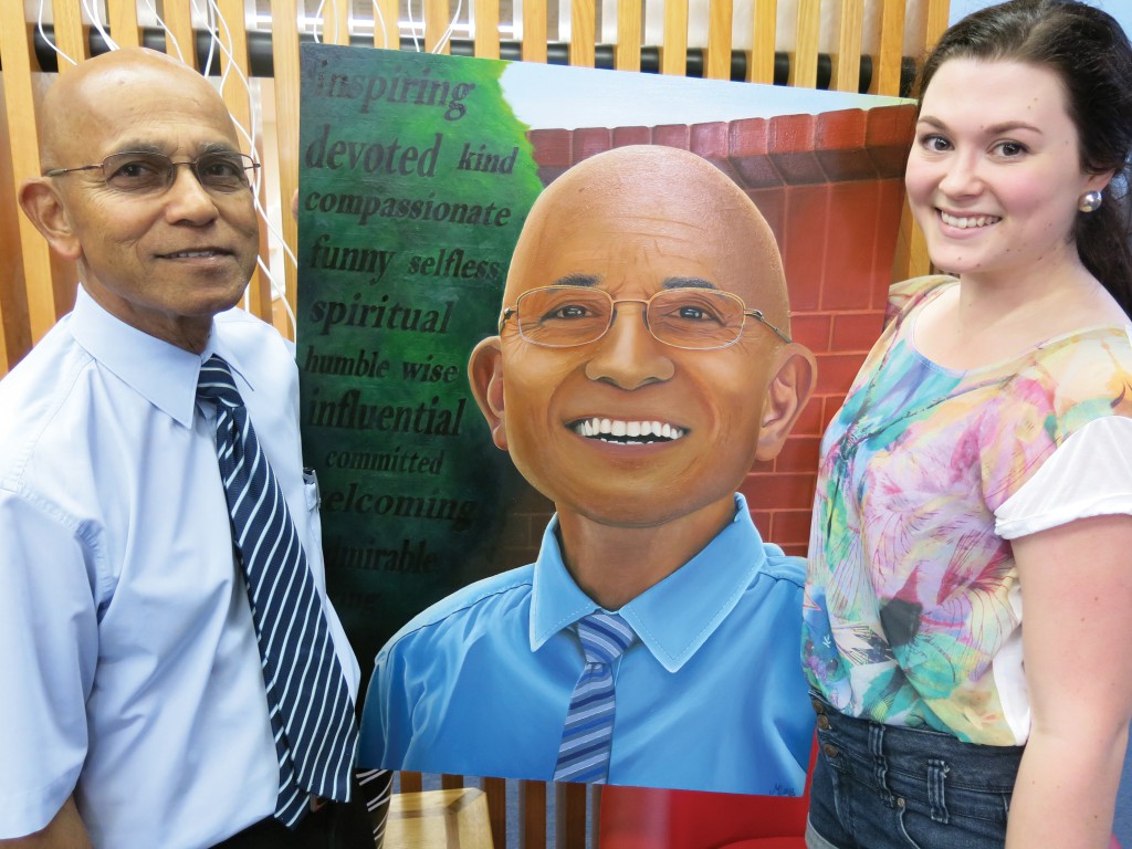 Educator Peter Elloy has served La Salle College for 42 years, pictured above with a portrait painted in his honour by Year 12 student, Madison Italiano. Miss Italiano said it was “a privilege to be asked to paint this portrait ... I have many wonderful memories of him”.