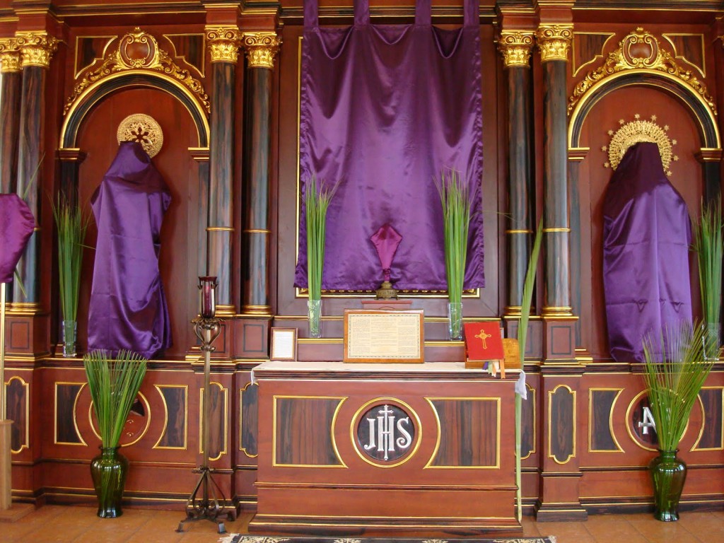 Statues of Saints and the main Crucifix can be seen covered by a simple purple cloth. If the Master himself is covered, so should be his servants. 