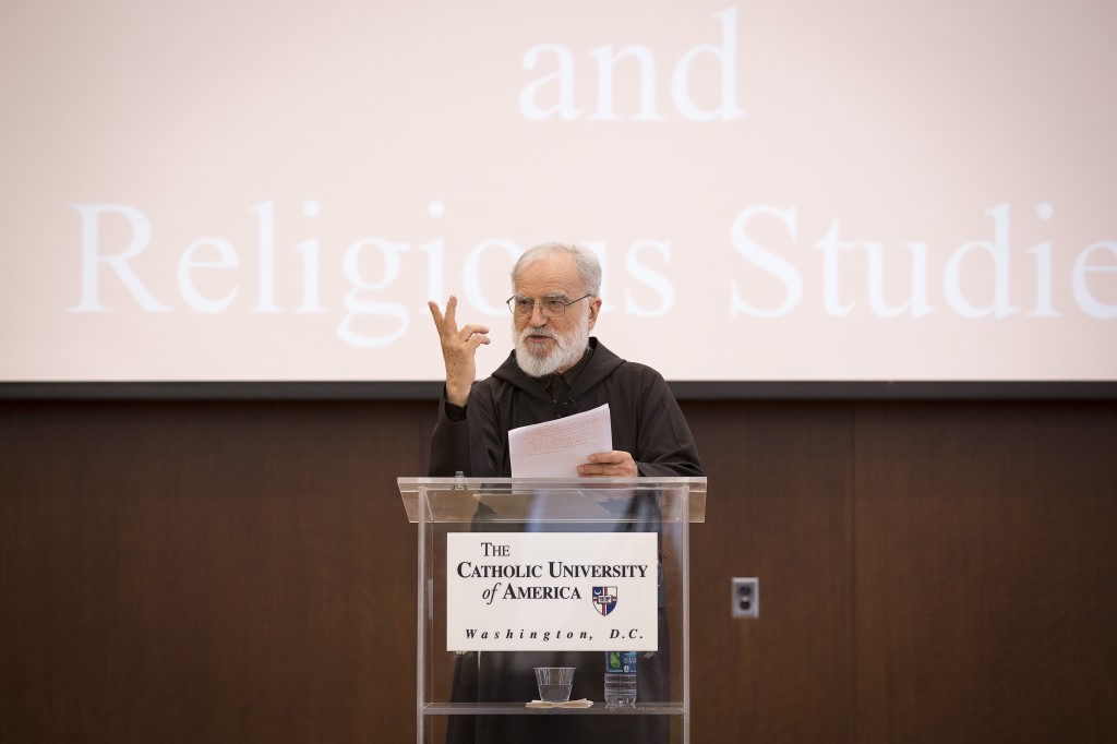 Capuchin Father Raniero Cantalamessa lectures on April 28 at The Catholic University of America. Televised programming requires "brevity, concision, applicability to life, and word and images blended together. It is an endeavor one can undertake without betraying the Gospel, quite the contrary, by imitating it," said Capuchin Father Raniero Cantalamessa, preacher of the papal household. 