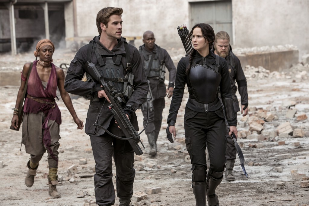 Patina Miller, Liam Hemsworth, Mahershala Ali, Jennifer Lawrence and Elden Henson star in a scene from the movie "'The Hunger Games: Mockingjay Part 1." PHOTO: CNS/Lionsgate