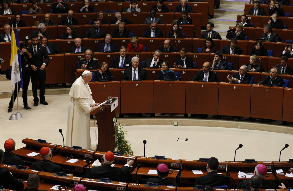 Pope Francis addresses the Council of Europe in Strasbourg, France, Nov. 25. PHOTO: CNS/Paul Haring