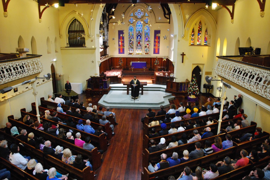 Religious leaders from Perth’s Uniting Church, Anglican Church, Muslim, Sikh, Hindu, Jewish, Buddhist and Baha’i communities, led a moving interfaith service at Wesley Church on Wednesday evening to commemorate the victims of the Sydney siege and condemn terrorism. PHOTO: Marco Ceccarelli 