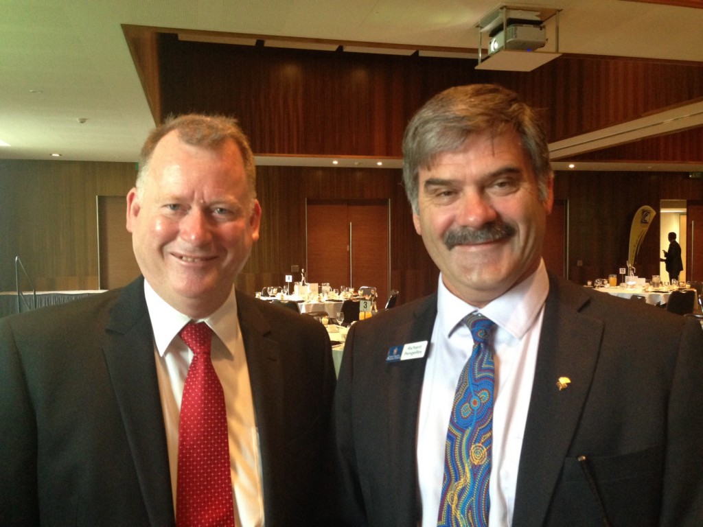 Kyle March, Director of Sport at ACC Sport WA, with (right) Canon Richard Pengelley at the recent 2014 Spirit Awards Ceremony honouring the dedication of sports teachers.