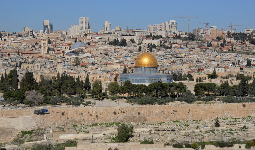 The gold-covered Dome of the Rock at the Temple Mount complex is seen in this overview of Jerusalem from the Mount of Olives on 28 March. Pope Francis will visit the Old City of Jerusalem on his pilgrimage to the Holy Land in May. PHOTO: CNS/Debbie Hill