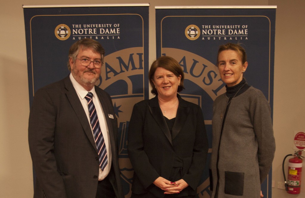 Internationally renowned theologian Dr Tracey Rowland (centre) recently delivered a lecture at The University of Notre Dame Australia’s Fremantle Campus titled ‘Laity in the life of the Church since Vatican II’. At right is Notre Dame Acting Dean of the School of Philosophy & Theology Dr Philip Matthews together with Vice Chancellor Celia Hammond. PHOTO: UNDA