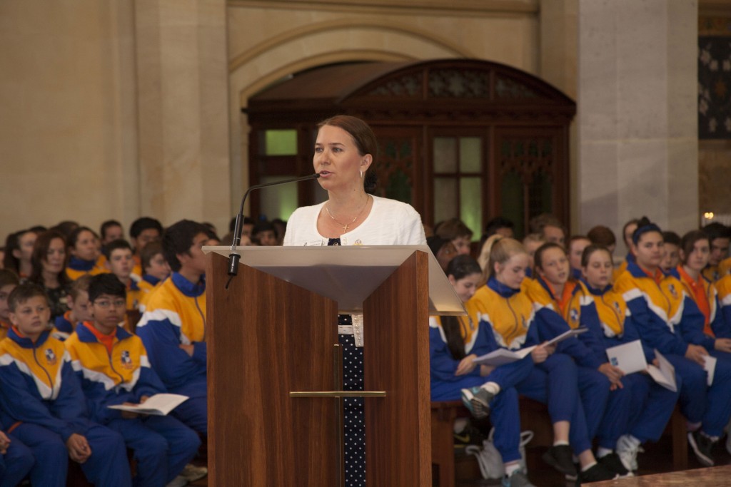 St Norbert College Queens Park Principal Annette Morey gives the opening introduction at the 50th anniversary Mass. In his homily for the occasion, Archbishop Costelloe encouraged the school community to take hold of their life and make the best decisions they can, rather than just going along with what everyone else is doing. PHOTO: Jamie O’Brien