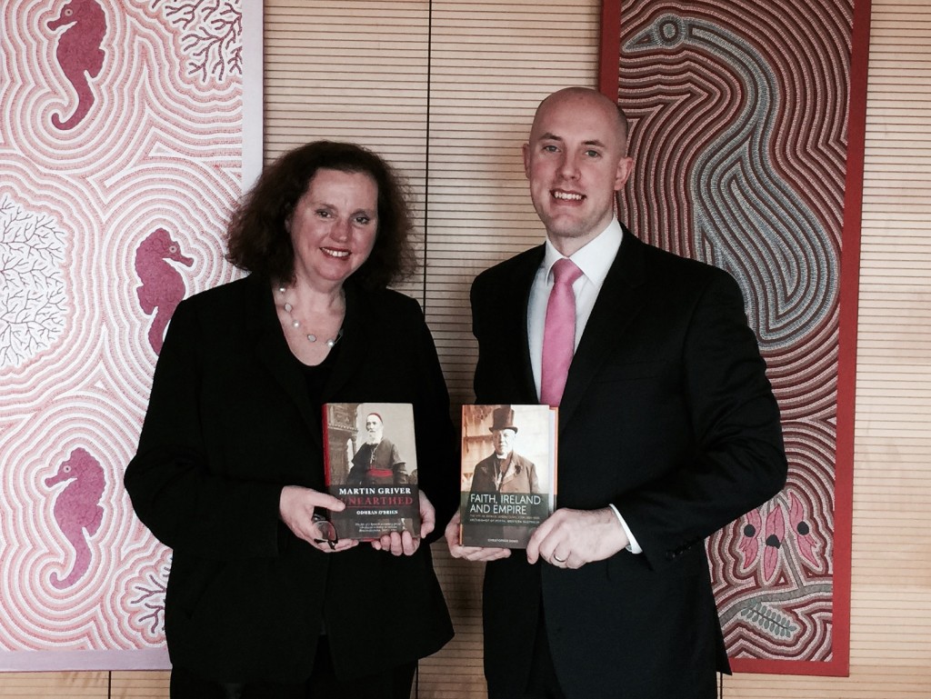 Perth author Odhran O’Brien this month met with Australia’s Ambassador to Ireland, Dr Ruth Adler, to present her with a copy of the recently released books by the Archdiocese of Perth, showcasing the life of Archbishop Patrick Clune and Bishop Martin Griver. PHOTO: Supplied