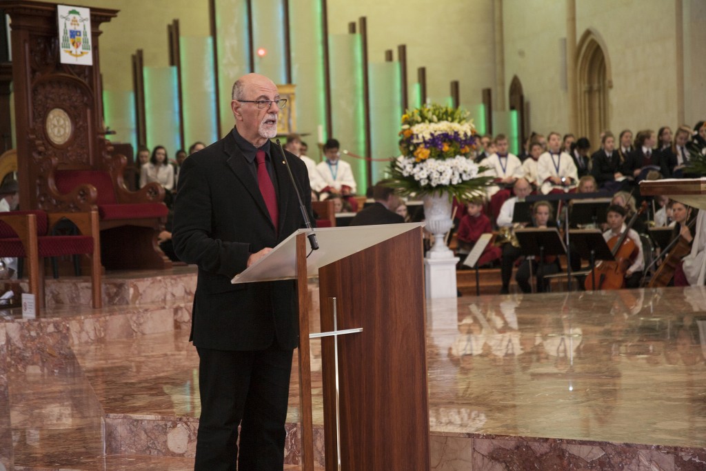 Internationally acclaimed Australian composer, George Palmer addresses the congregation on Sunday, 26 July as part of a special performance at St Mary’s Cathedral. PHOTO: Jamie O’Brien