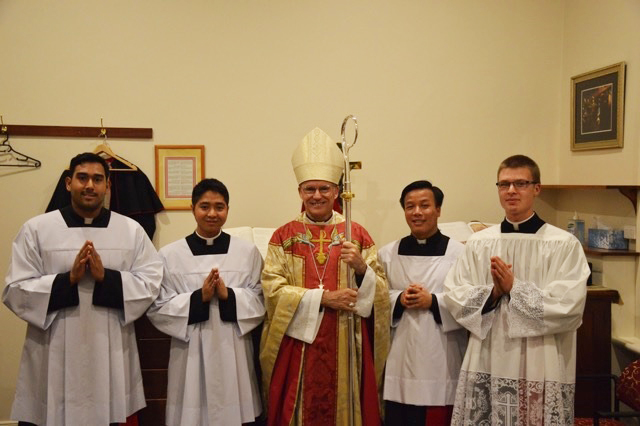 Dominic Sandon (left) Jhee Baguinat (second left) and Nicholas Diedler (fourth from left) were instituted to the ministry of Lector, while Tung Vu, (third from left) a fourth-year seminarian, was instituted to the ministry of Acolyte. PHOTO: Nicholas Diedler.