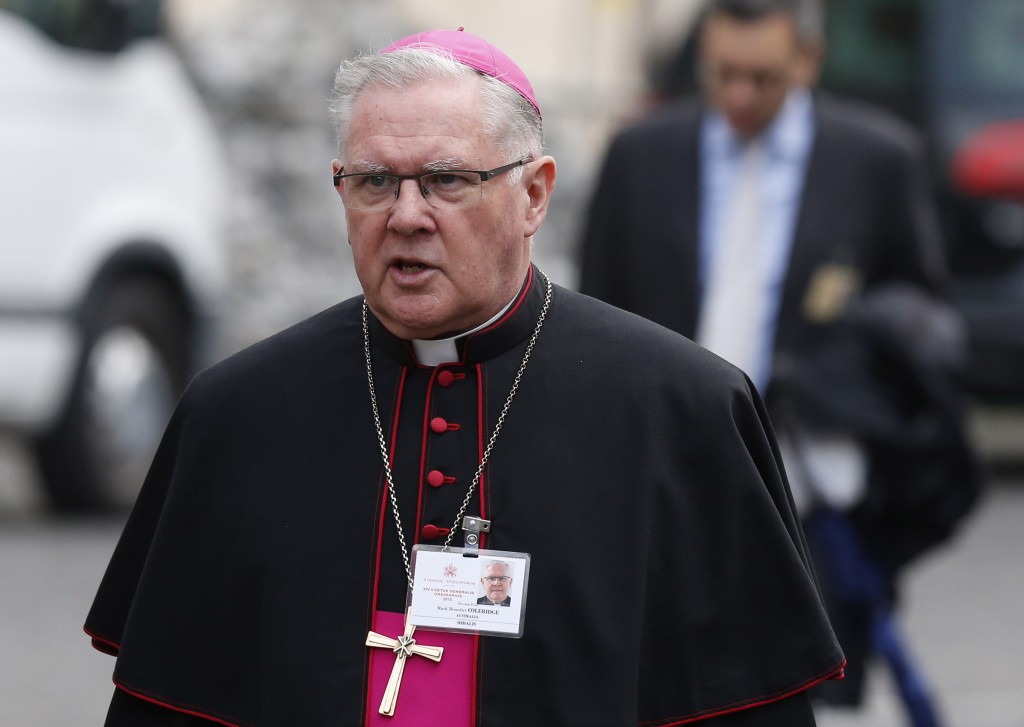 Archbishop Mark Coleridge of Brisbane, Australia, arrives for a session of the Synod of Bishops on the family at the Vatican on 14 October. PHOTO: CNS/Paul Haring