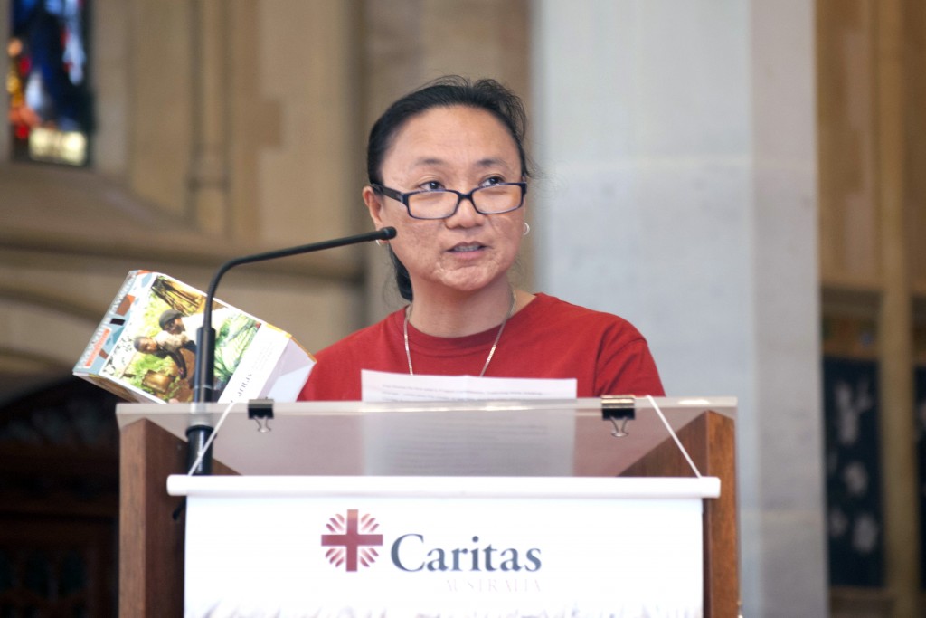 Sr Janet Palafox from Caritas Australia thanks the Perth Catholic community for their ongoing generosity, during her address at the end of the Mass. Photo: Rachel Curry.