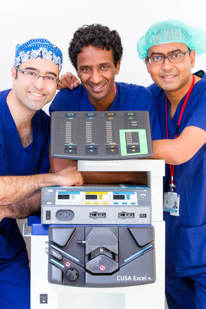 CAPTION (SJOG_surgeons): Mr Krishna Epari, Associate Professor Mo Ballal and Mr Mayank Bhandari are now undertaking more complex surgery to remove liver tumours, thanks to the acquisition of equipment that offers the latest in technology. Photo: supplied by Mr Krishna Epari.