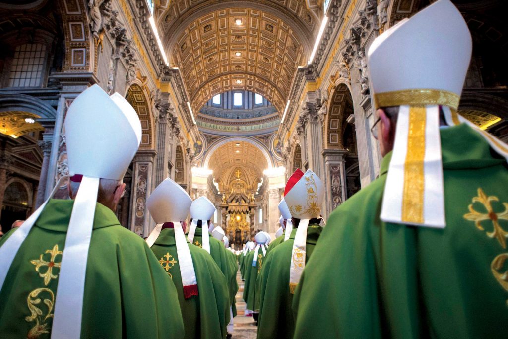 Bishops arrive in procession for the opening Mass of the Synod of Bishops on the Ffamily in St Peter’s Basilica. Photo: CNS/L’Osservatore Romano