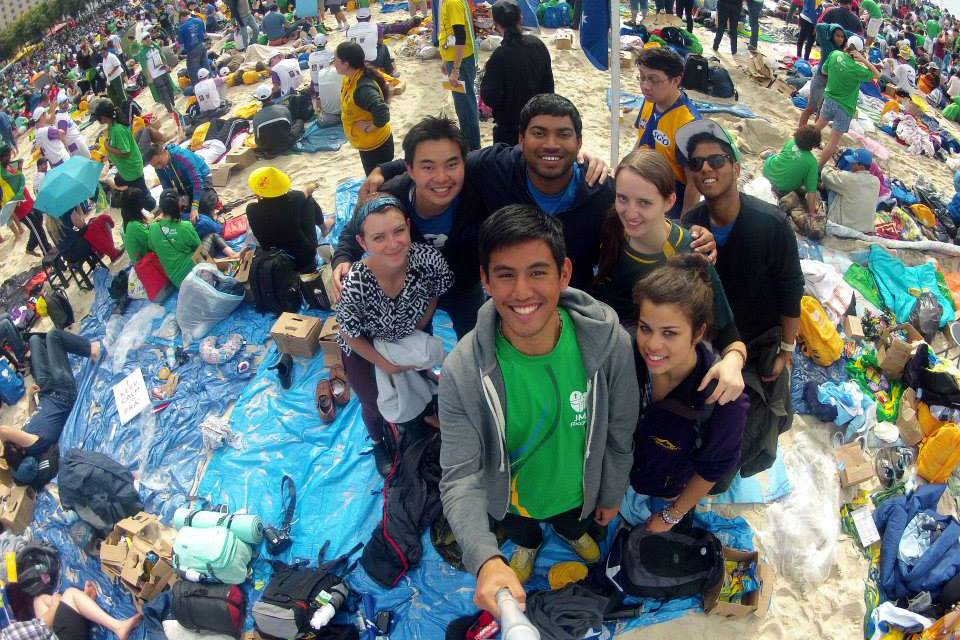 Youth from Perth at the 2013 WYD in Brazil: Jessica Webb, Marcell Soegiantho, Joshua Lopez, Mary Haydon and Sheldon Burke; and front, Joshua Low. Photo: Supplied