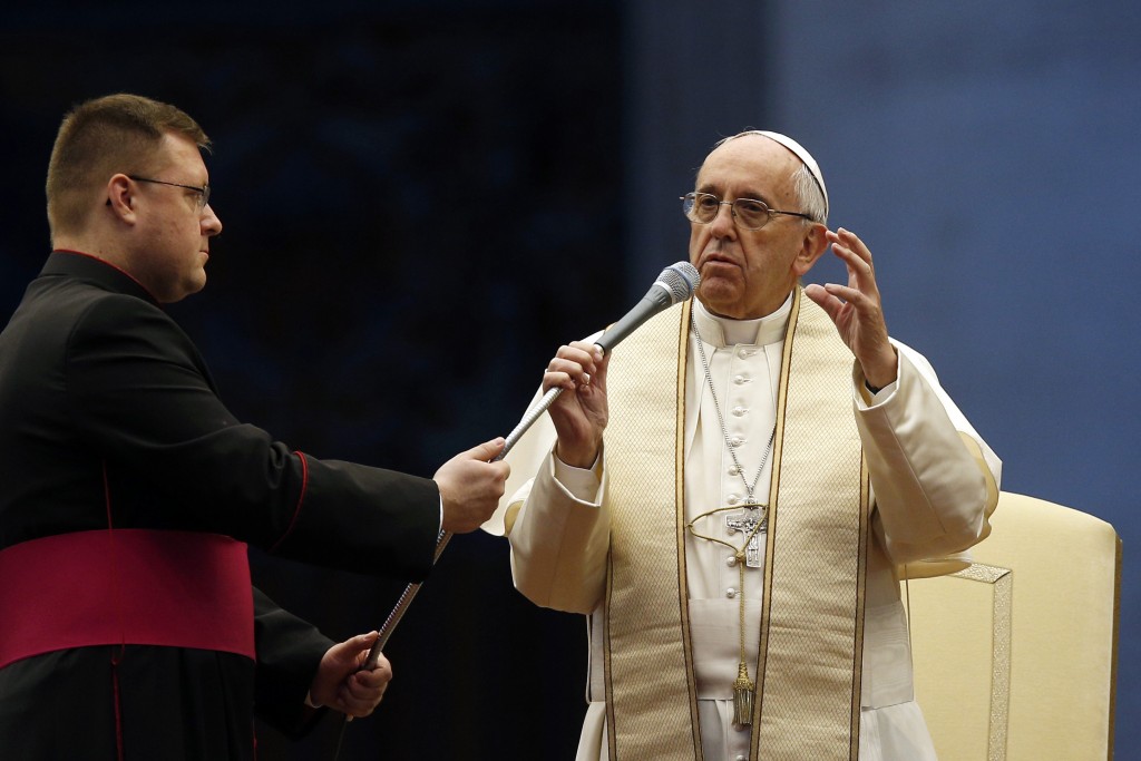 Pope Francis speaks as he leads a prayer service on the eve of the feast of Divine Mercy in St Peter's Square at the Vatican on 2 April. Photo: CNS.