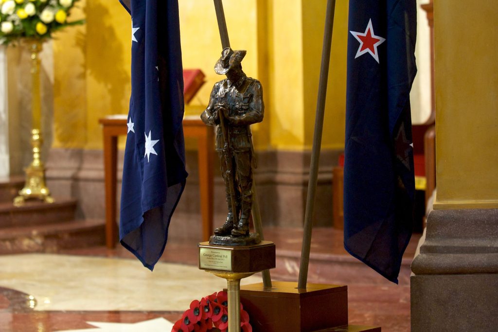 The bronze replica of the World War Digger by Alan Somerville is located in the St Peter Chanel Chapel of Domus Australia. A small bronze replica of the four-metre statue located on the western side of the Anzac Bridge in Sydney, the statue was part of the Domus Australia ANZAC Memorial Mass held on 25 April 2016.