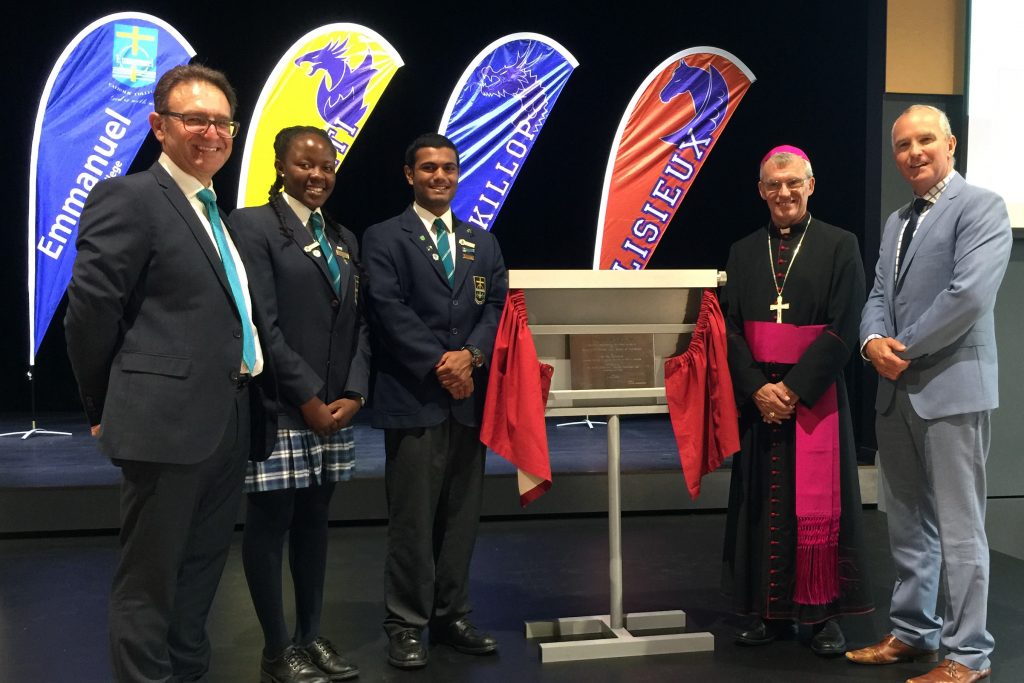 Archbishop Timothy Costelloe stands with Catholic Education Executive Director Dr Tim McDonald, right, and from left, Emmanuel College Principal Mr Leo Di Gregorio and College Captains Atidaishe Mugwara and Antonio Joboy. The Emmanuel College school community came together on Wednesday 6 April for the opening and blessing of the new Sport and Performing Arts Centre. Photo: Jamie O’Brien.